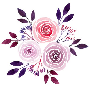 Bir buket gül ve yaprak. Suluboya çizimi. Eski model. Sevgililer Günü