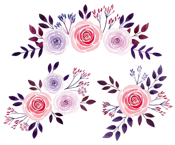Collezione di mazzi di acquerelli con foglie e rose. Invito. Per il tuo design — Foto Stock