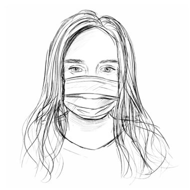 Beyaz bir geçmişi olan sağlık maskeli bir kız. Çizim