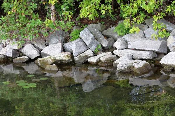 Rivers edge with rocks and trees and reflections — Stock Photo, Image