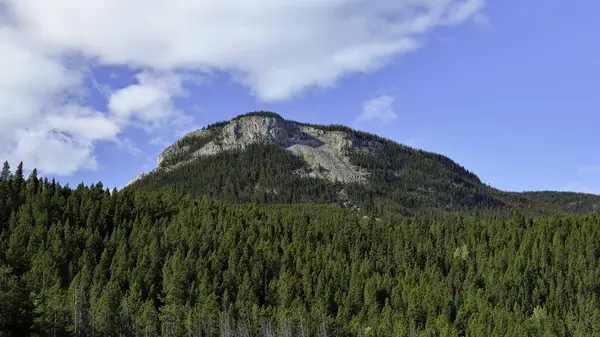 Hora v blízkosti národního parku Banff se stromy, mraky a modrou oblohou — Stock fotografie