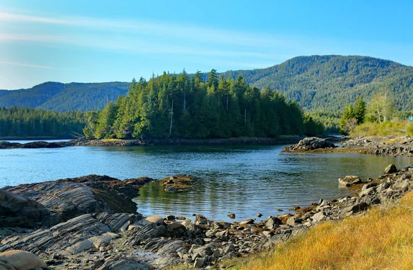 River and mountains and an island in the Rocky Mountains — Stock Photo, Image