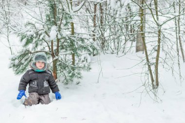 kış orman ağaçları yakınındaki çocukta