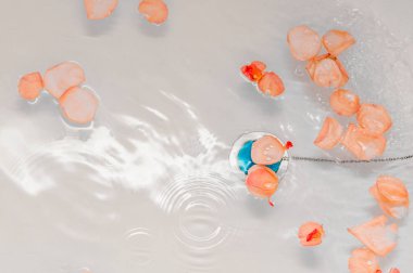 banyo içinde gül yaprakları ve süt yakın çekim ile ev. Romantizm ve Kur bir kadın kavramı