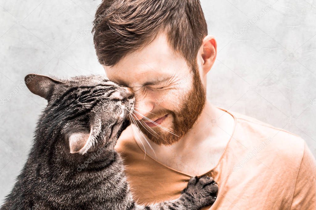 cat kisses the face of its owner. Close-up portrait
