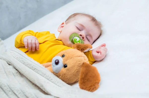 Close Portrait Sleeping Kid Embrace Toy Pacifier His Mouth — Stock Photo, Image