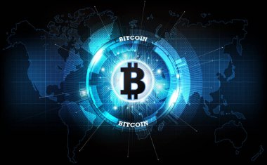 Bitcoin dijital para birimi ve dünya hologramı, gelecekteki dijital para ve teknoloji dünya çapında ağ konsepti, vektör illüstrasyonu