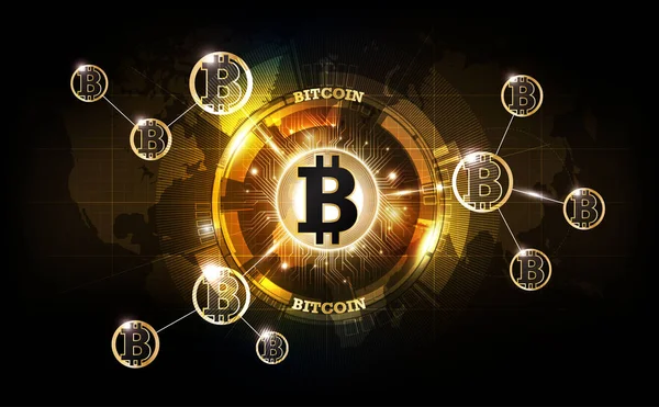 Altın bitcoin dijital para, fütüristik dijital para, teknoloji dünya çapında ağ konsepti, vektör illüstrasyonu