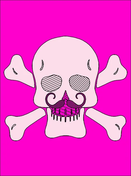 Teschio bianco con osso e baffi rosa e sfondo rosa — Foto Stock