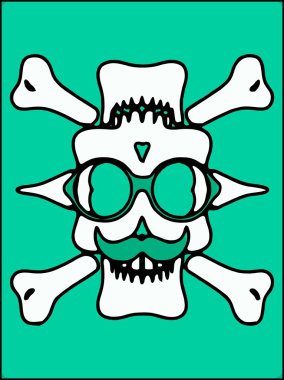 Beyaz şeytan kafatası gözlük ve kemikler ve yeşil arka plana sahip