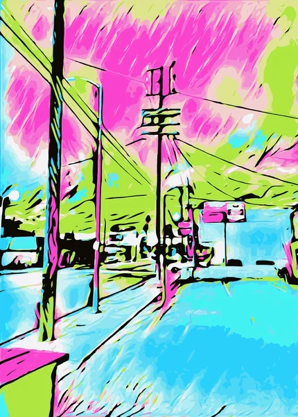 drawing and painting blue city with pink and green sky