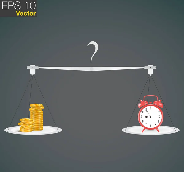 Para ve kum saati saatleri ağırlığında ölçek. vakit nakittir, mali kavramı. vektör çizim düz desig olarak