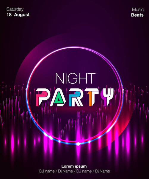 Dance party poster vector background template with triangles and circles particles, lines, highlight and modern geometric shapes in pink and blue colors. Music event flyer or banner abstract