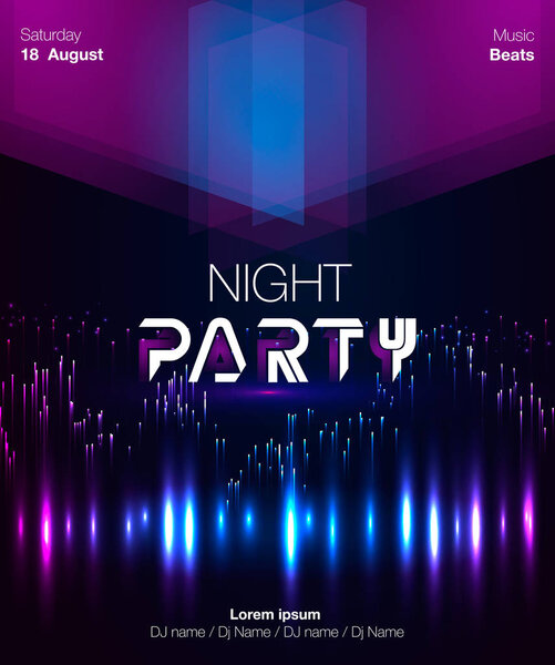 Dance party poster vector background template with triangles and circles particles, lines, highlight and modern geometric shapes in pink and blue colors. Music event flyer or banner abstract