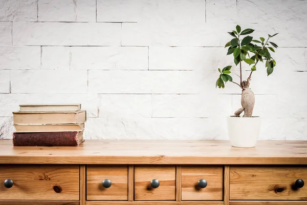 shelf with books and flower and white wall