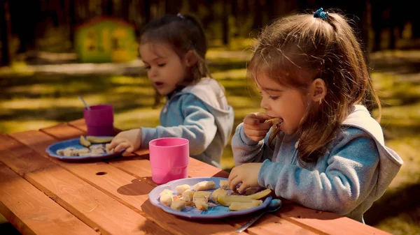 İki kız bir ahşap masa üzerinde yaz aylarında Kahvaltı — Stok fotoğraf