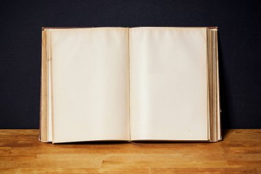 parlak bir ahşap raf siyah duvardaki boş açık kitap