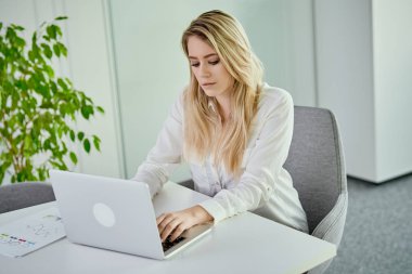 bilgisayarda çalışan güzel genç iş kadını