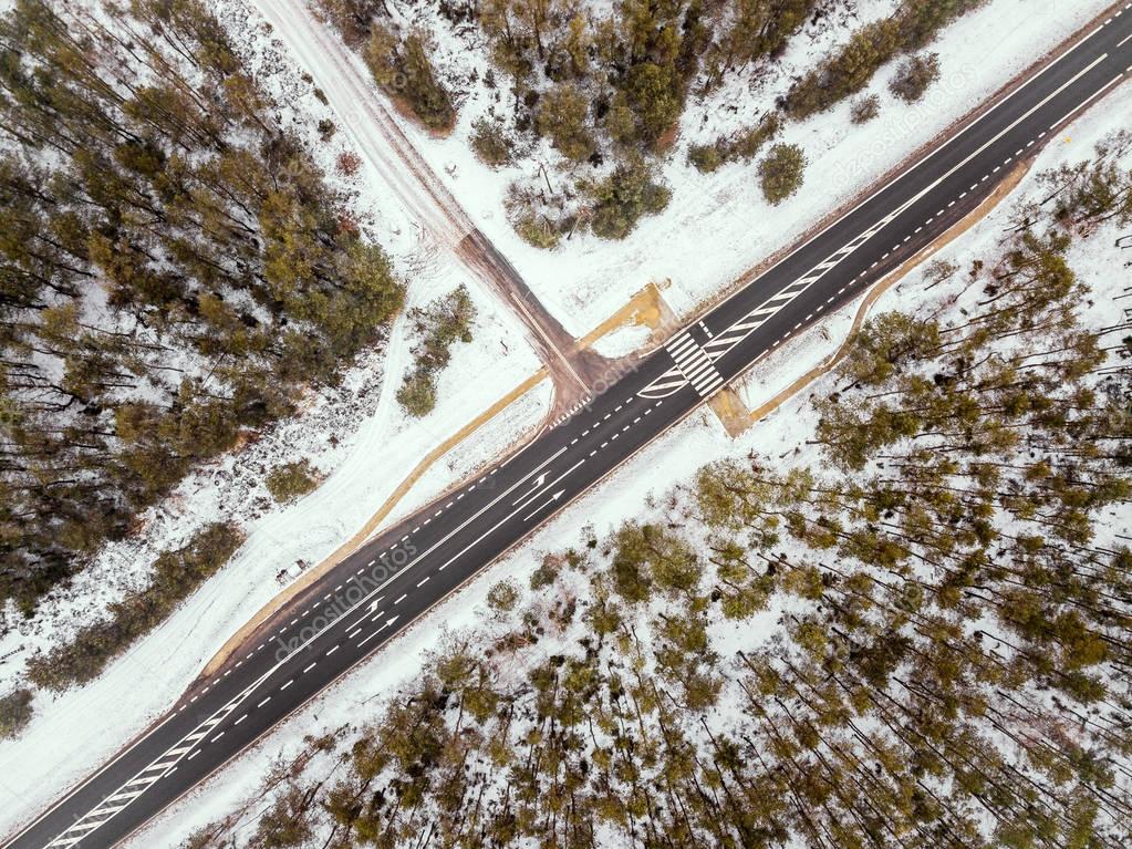 forest road in winter view from above