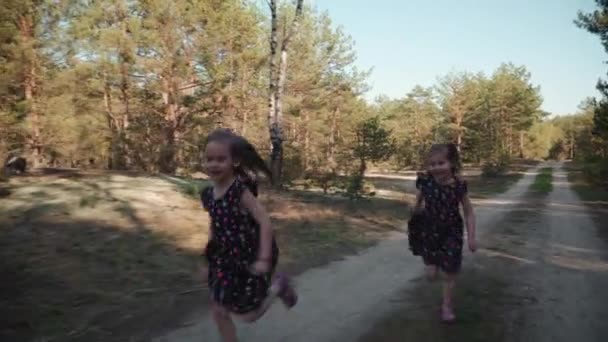 Mãe Duas Filhas Vestidos Estão Correndo Floresta Verão — Vídeo de Stock