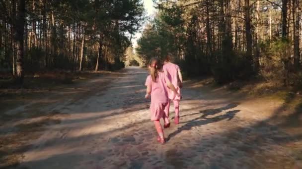 Duas Meninas Vestidos Estão Correndo Longo Estrada Floresta Verão — Vídeo de Stock