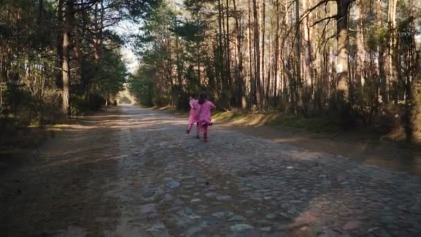 Dos Niñas Con Vestidos Corren Por Carretera Bosque Verano — Vídeo de stock