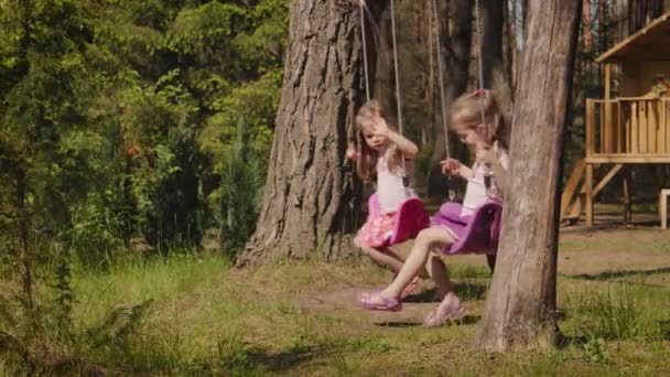 Duas Meninas Adoráveis Estão Balançando Balanços Uma Floresta Verão — Vídeo de Stock