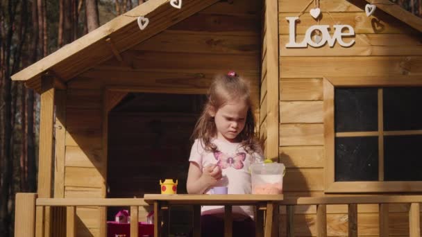 Pequeña Niña Linda Está Jugando Una Casa Del Árbol Verano — Vídeo de stock