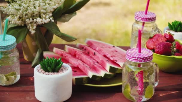 Picknicktisch Mit Saftigen Früchten Und Köstlicher Limonade Sommerpark — Stockvideo