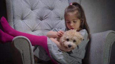 Sevimli kız sandalyede küçük bir köpek yavrusuyla oynuyor.