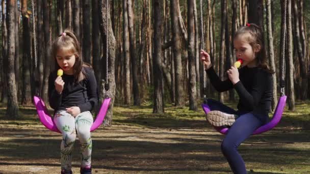Сестры едят мороженое на качелях в весеннем лесу — стоковое видео