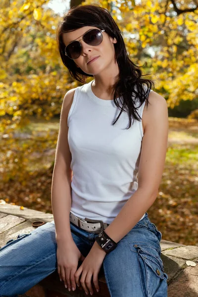 Woman in sunglasses posing in the autumn park Royalty Free Stock Photos