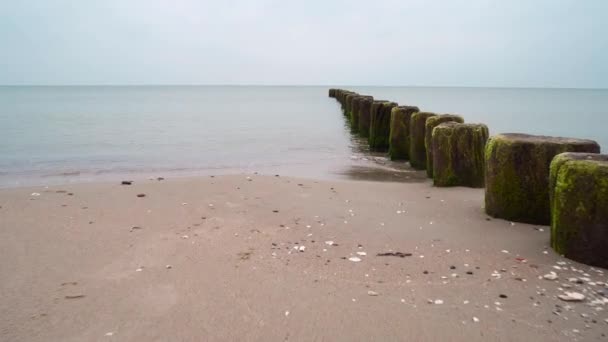 Blocus en bois contre les vagues sur la belle mer — Video