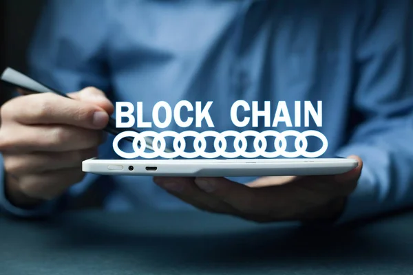 Businessman holding block chain business internet concept.