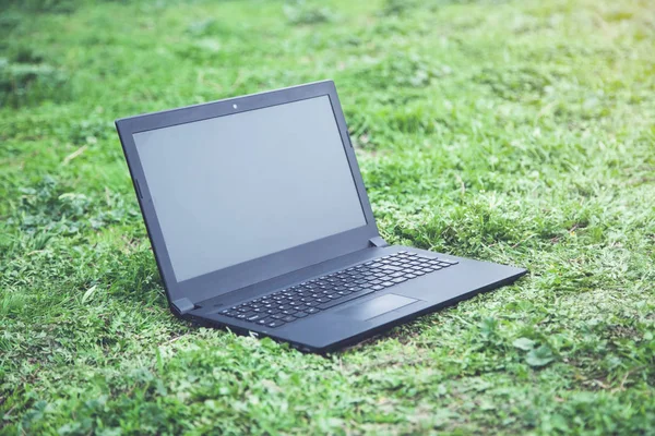 Laptop Preto Com Tela Branco Grama — Fotografia de Stock