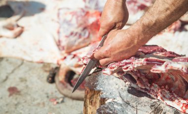 Taze et işliyor. Elinde bıçak lı kasap m