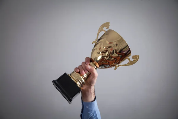 Businessman Holding Golden Trophy Business Success — Stock Photo, Image