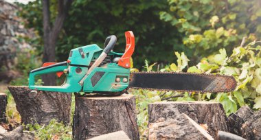 Kesilmiş odunların üzerindeki testere ormana gidiyor. Ağaç kesimi