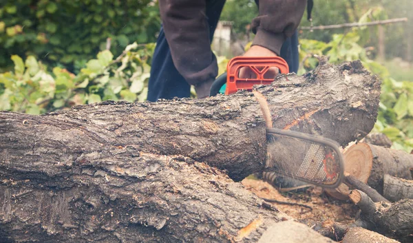 Mann Sägt Mit Kettensäge Holz — Stockfoto