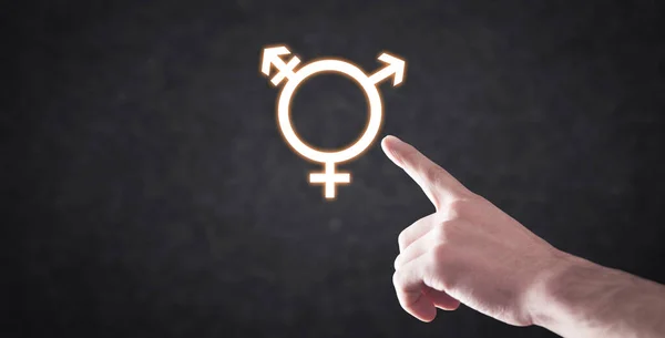 Männliche Hand Zeigt Oder Berührt Transgender Symbol — Stockfoto