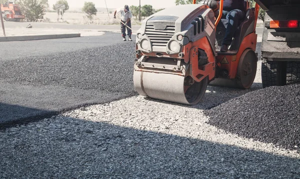 Asphalt Roller Stacking Pressing Hot Asphalt — Stock Photo, Image