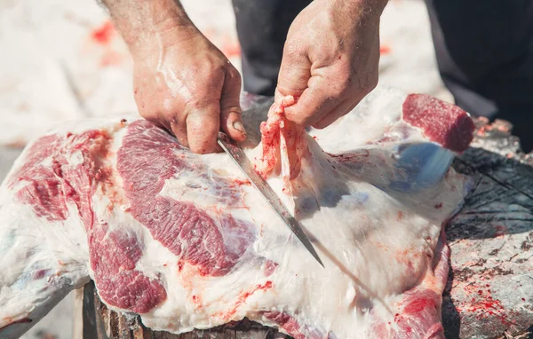 Processing fresh meat. Butcher with a knife in hand separating meat