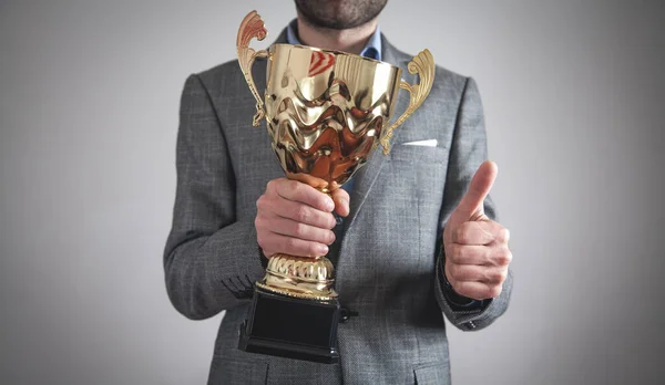 Businessman Holding Golden Trophy Business Success — Stock Photo, Image