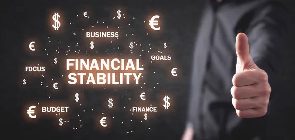 Texto Estabilidade Financeira Com Símbolos Moeda Homem Mostrar Polegar Negócios — Fotografia de Stock