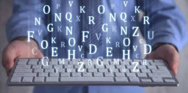 Hombre Sosteniendo Teclado Del Ordenador Cartas —  Fotos de Stock