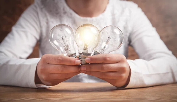 Business Girl Holding Light Bulbs Creativity — Stock Photo, Image