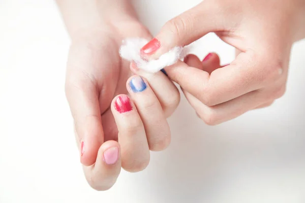 Hands Remove Manicure Fingernails — Stock Photo, Image