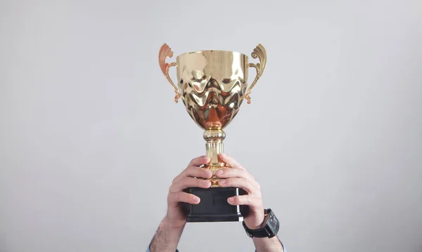 Businessman Holding Golden Trophy Business Success — Stock Photo, Image