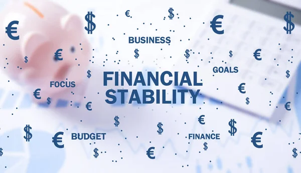 Financial Stability text with currency symbols. Business
