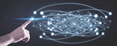 Erkek el dijital ağa dokunuyor. Bağlantı